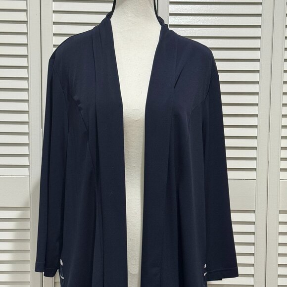 Chico’s Size 3 (XL 16/18) Navy Open Front Cardigan Striped Chiffon Back Mixed Me - Picture 3 of 8